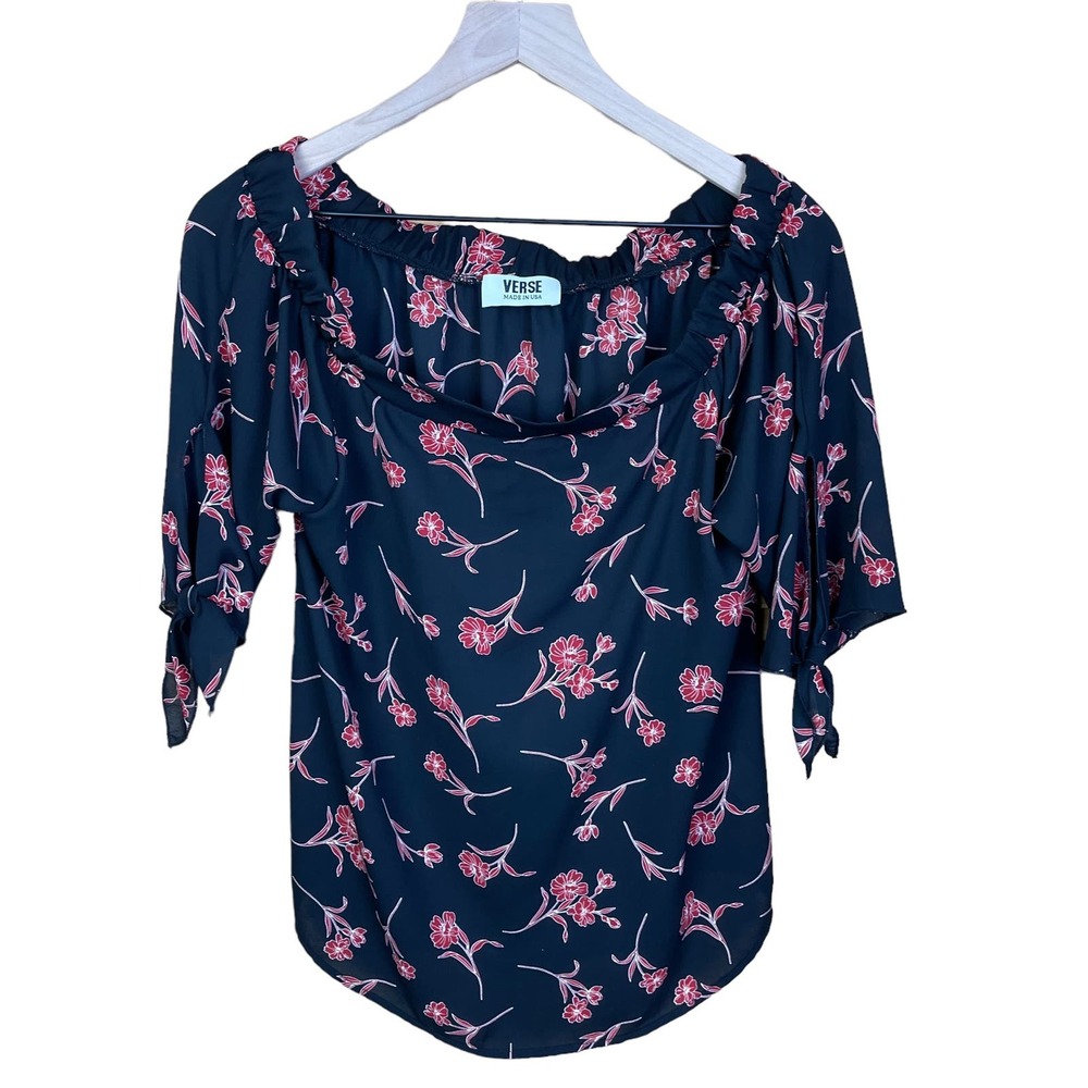 Verse Women Medium Off the Shoulder Black Red Floral Top Loose Fit Summer Blouse